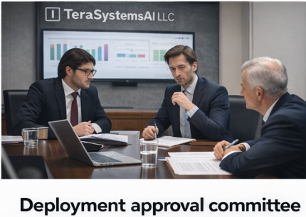 Deployment approval committee reviewing governance materials
